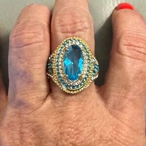 Aquamarine, Simulated, Drop Sultan, Turkish Gold Tone, Bollywood Ring, Sz 8